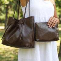 Slouchy Tote and Pouch Set with Knot Ties - Brown