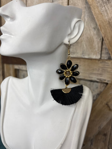 Black Flower + Fringe Earrings