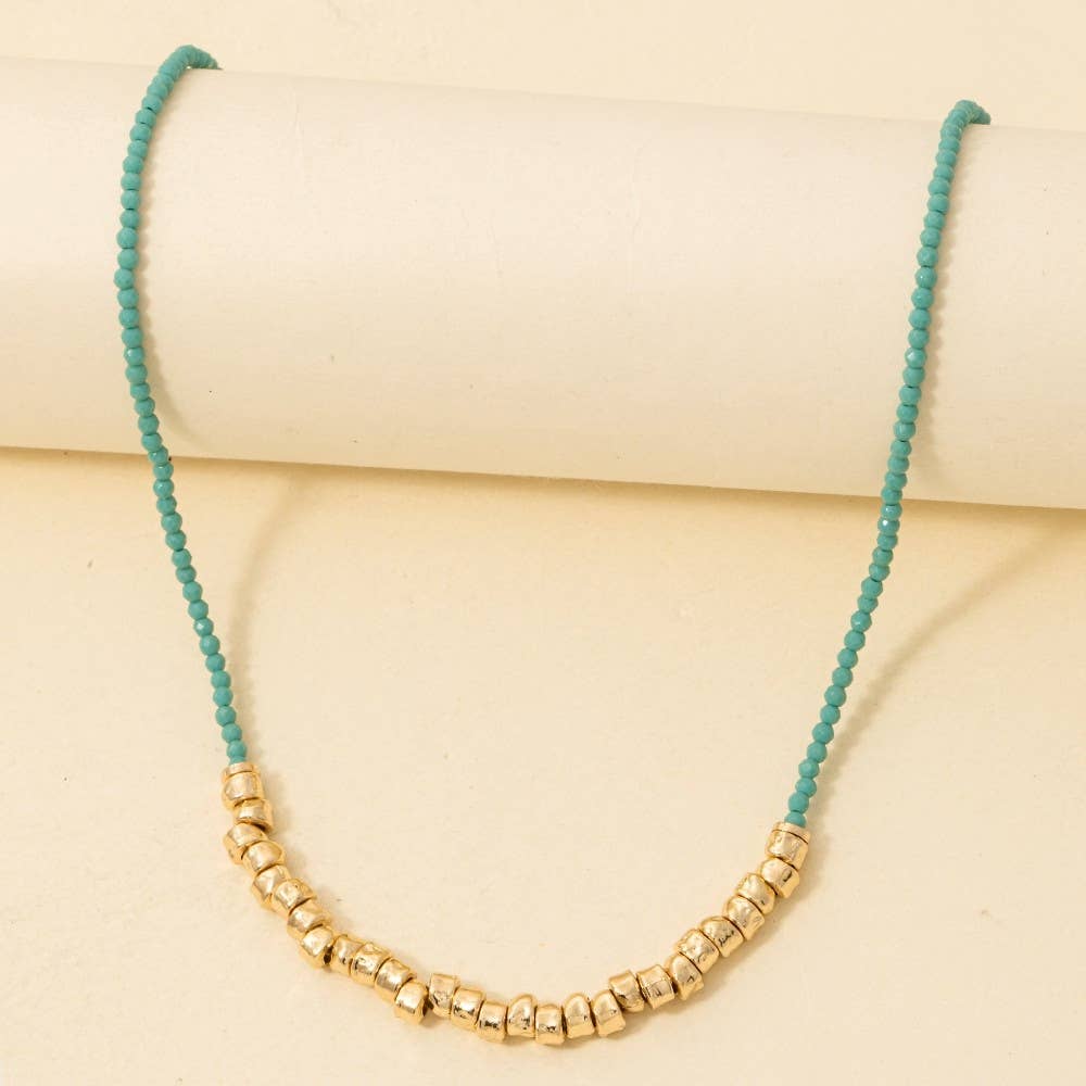Metallic And Faceted Glass Beaded Necklace: Turquoise