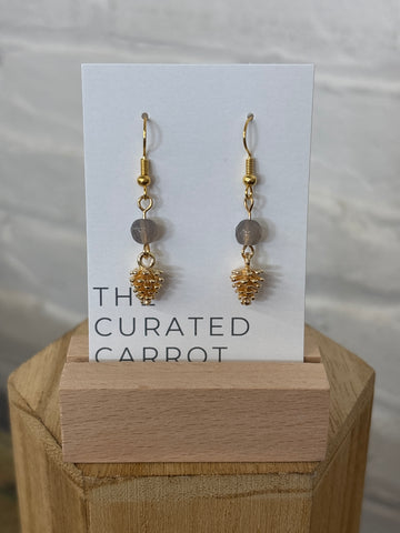 Gold Pinecone with Smoky Bead Drop Earrings