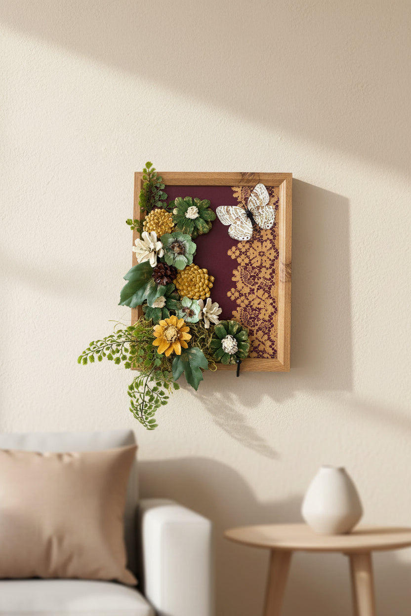 Butterfly + Pinecone Flowers Picture - Gold