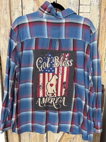 Repurposed Flannel Shirt with God Bless America Cat Patch