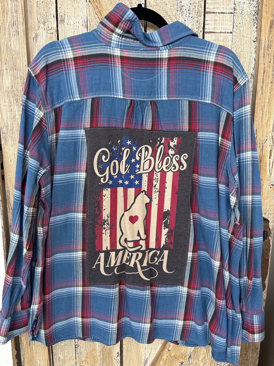 Repurposed Flannel Shirt with God Bless America Cat Patch
