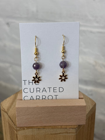 Gold Flower with Purple Bead Drop Earrings
