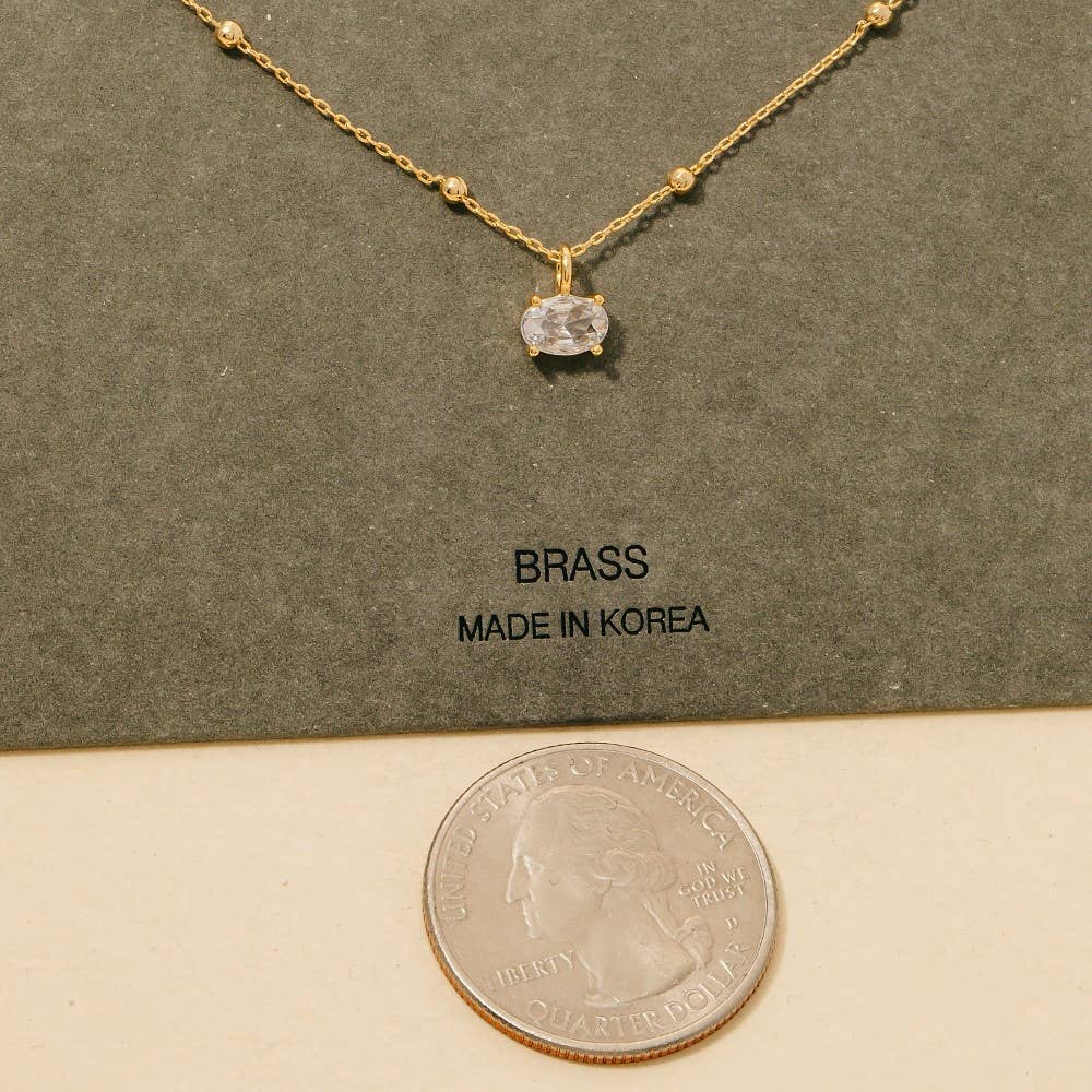 Faceted Oval Gem Pendant Station Bead Chain Necklace: Gold