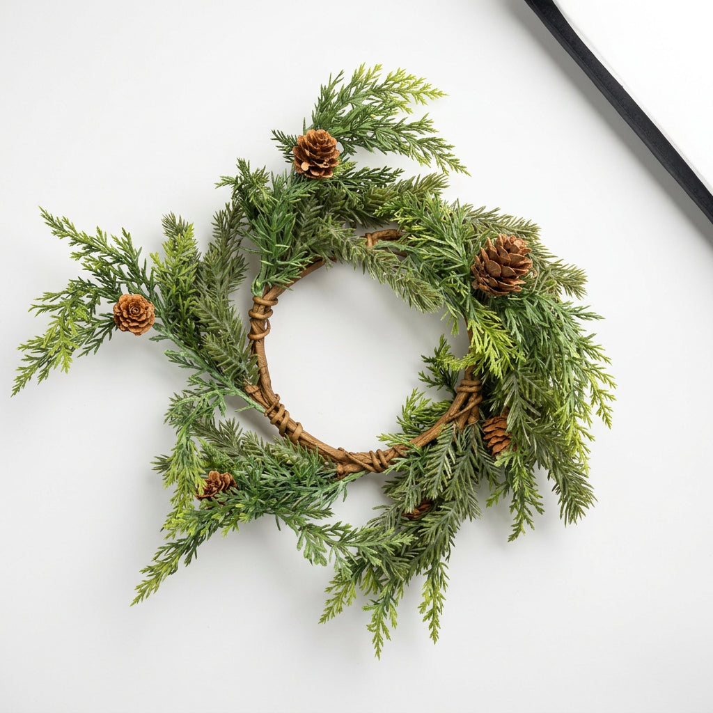 14" Juniper + Mini Pinecones Candle Ring