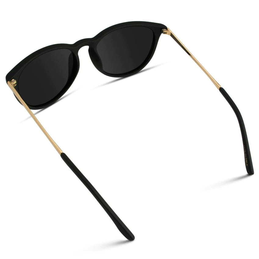Drew Round Polarized Metal Temple Sunglasses - Gold Frame/Black Lens