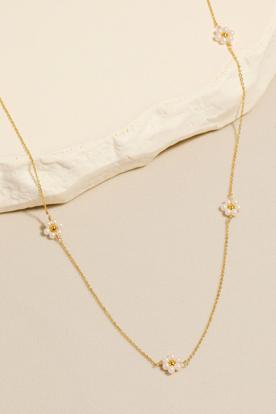 Dainty Beaded Flower Charm Necklace: Gold