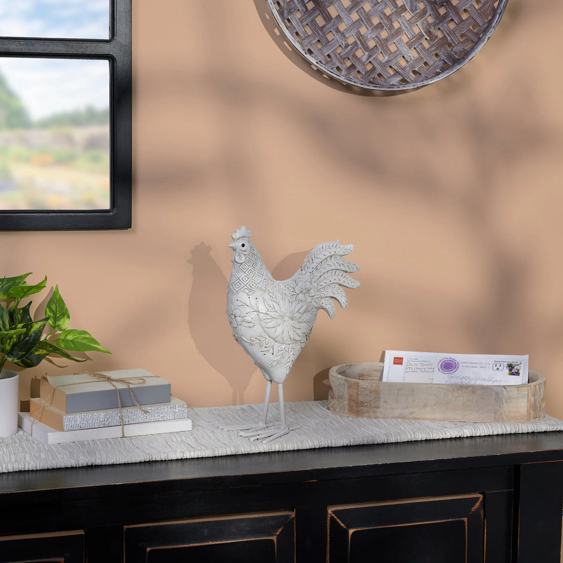 White Floral Rooster Figurine