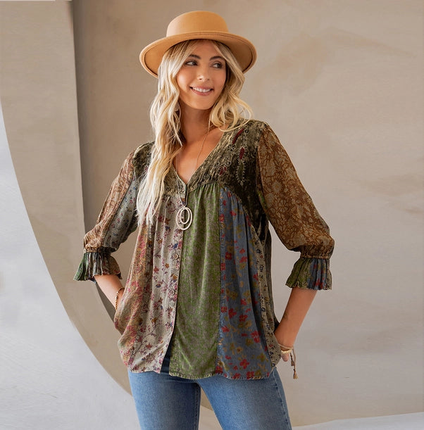 Vintage Boho Patchwork Top - Gravel