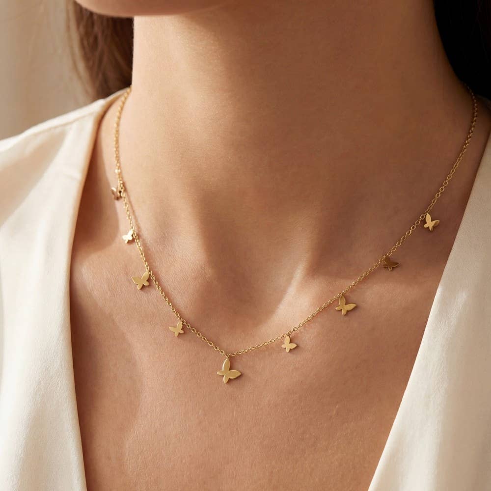Stainless Steel Butterfly Charms Station Necklace: Gold