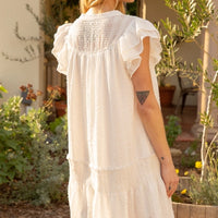 White Smocked Ruffle V Neck Textured Dress
