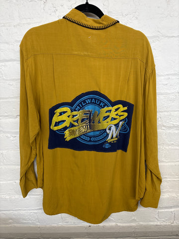 Repurposed Shirt with Golden MKE Baseball Patch