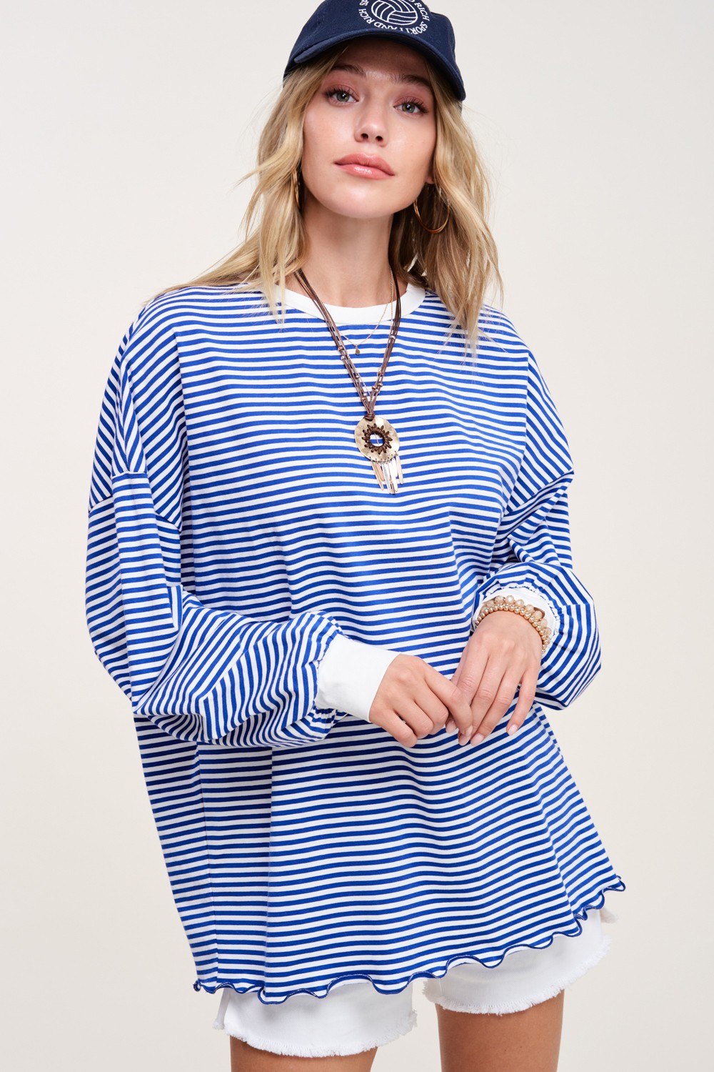 Oversized Striped Long Sleeve Shirt - Blue