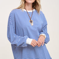 Oversized Striped Long Sleeve Shirt - Blue