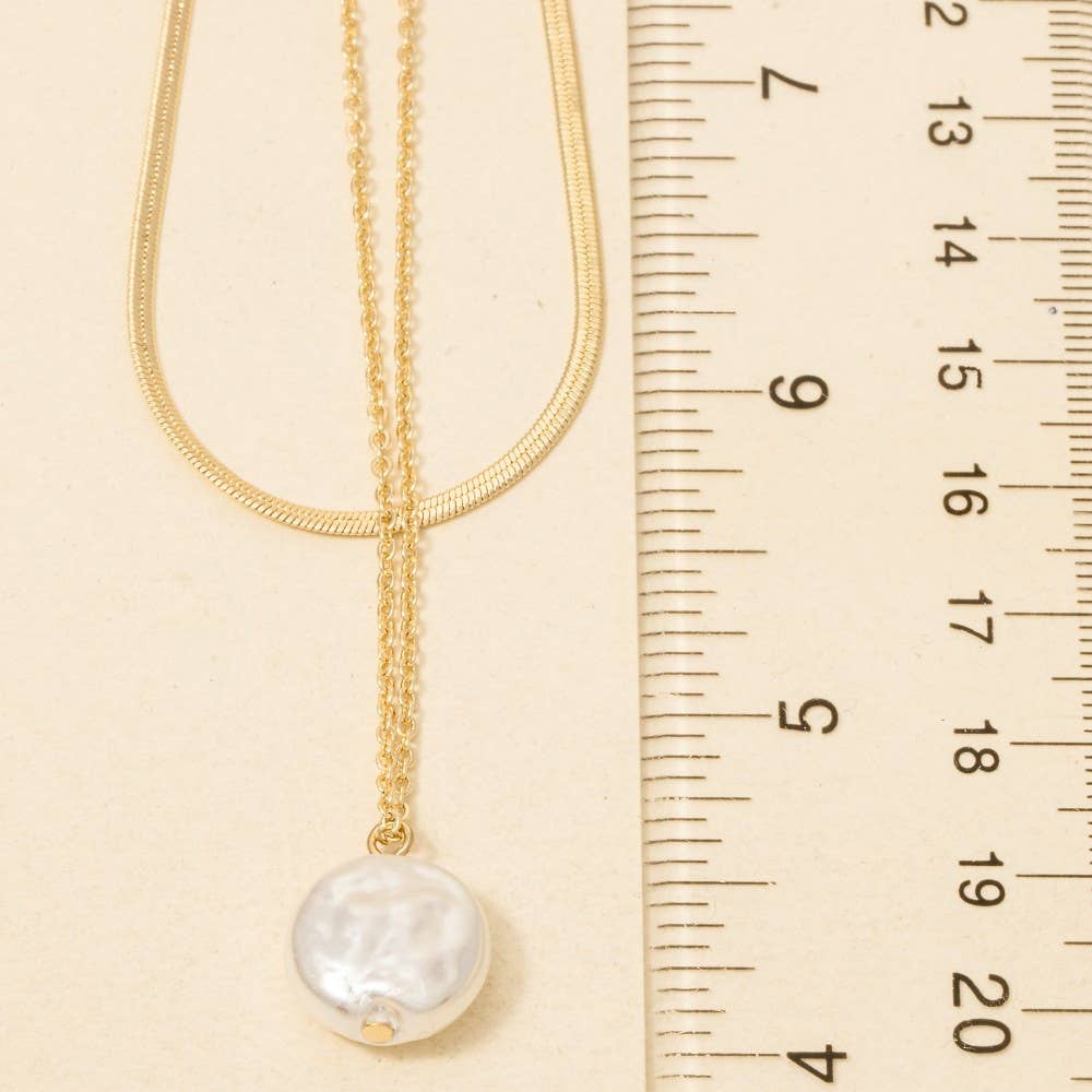 Pearl Coin Pendant Layered Chain Necklace - Gold