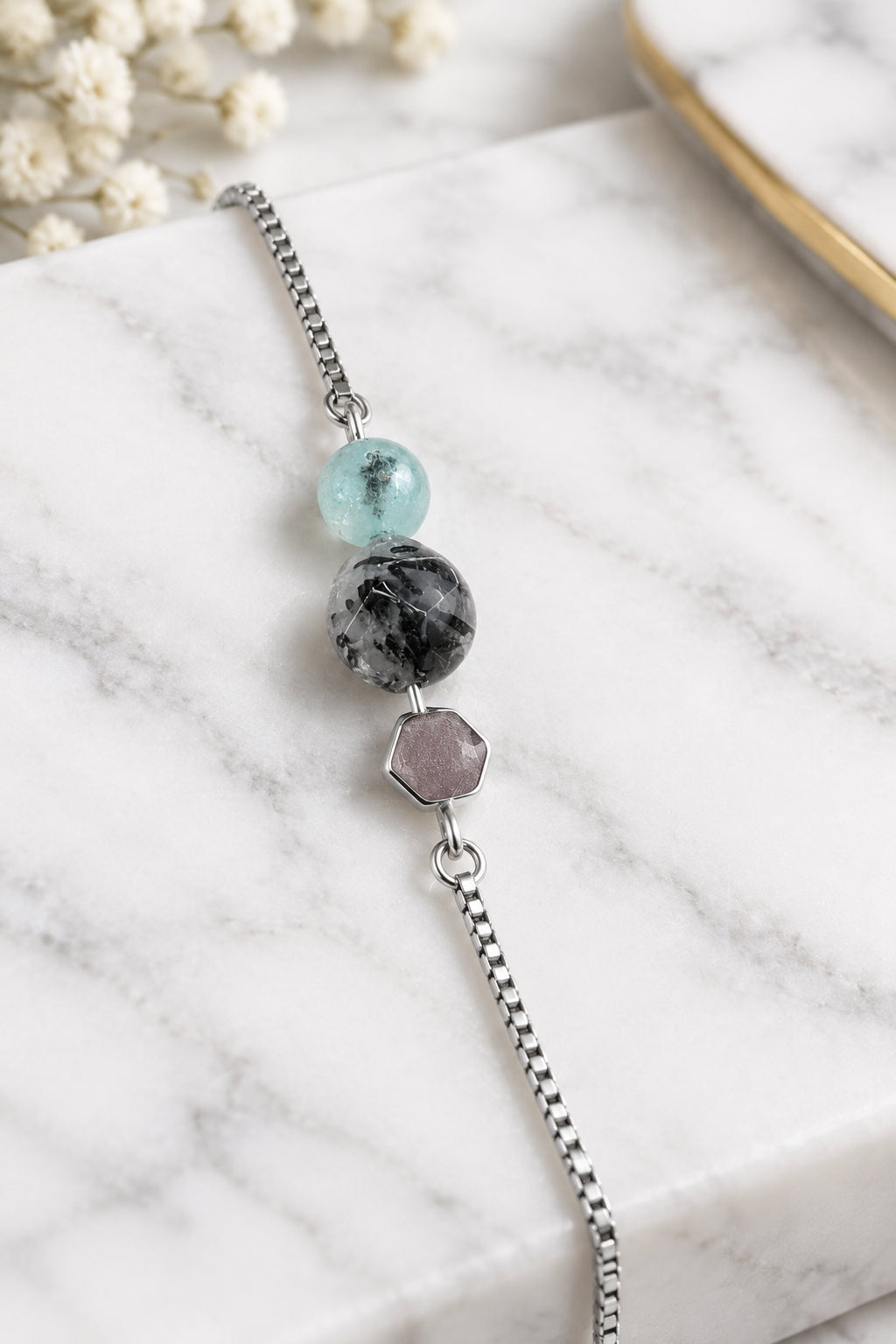 Silver Grey Marble Gem + Light Blue Slider Bracelet
