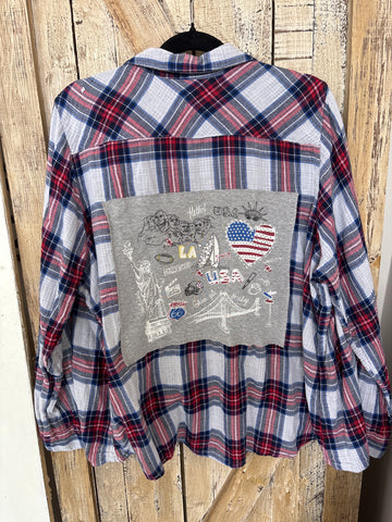 Repurposed Flannel Shirt with American Landmarks Patch