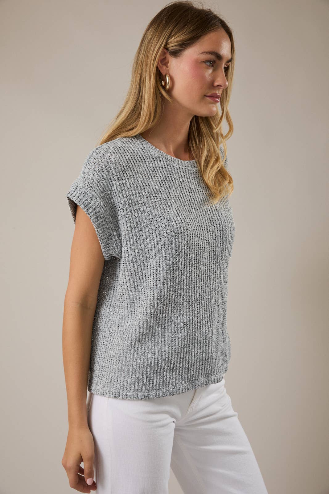 Crew Neck Cuffed Short Sleeve Top with Pocket - Light Grey