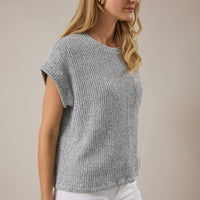 Crew Neck Cuffed Short Sleeve Top with Pocket - Light Grey