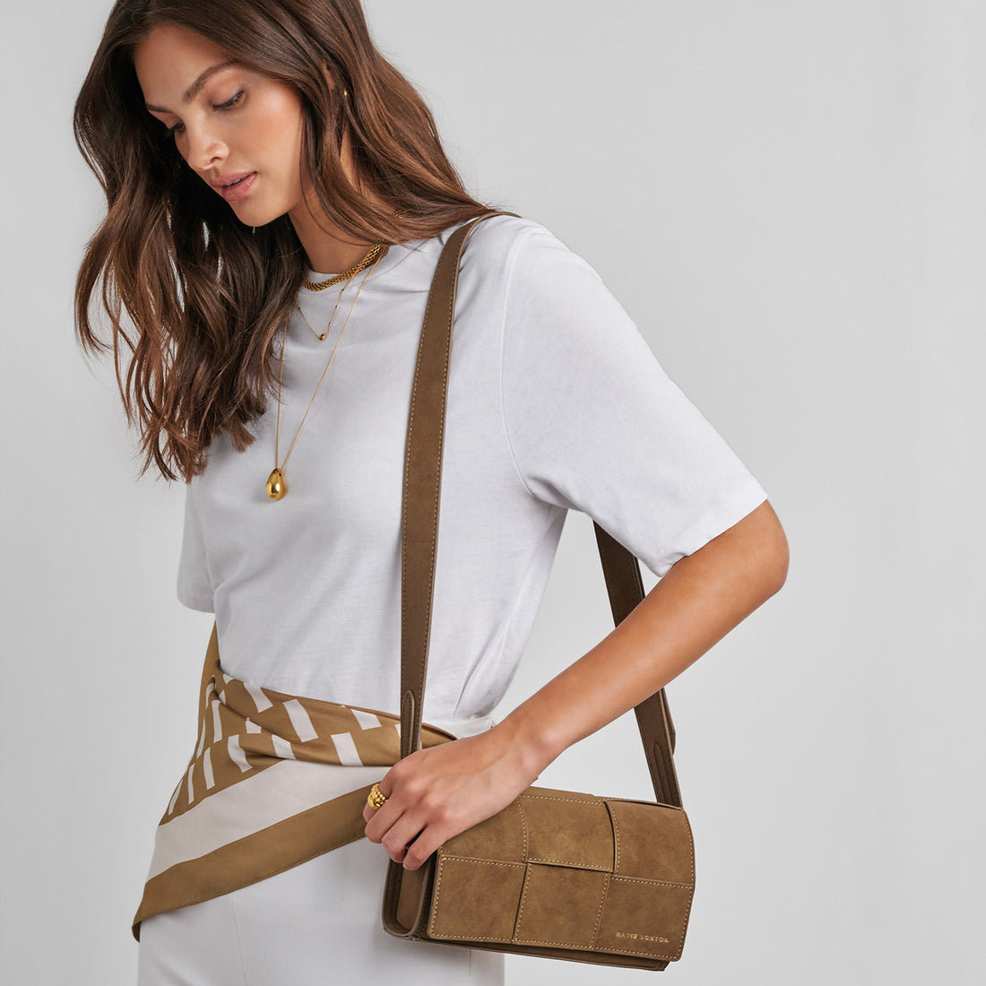 TAYA CROSSBODY BAG | Caramel Suedette | 5 1/2" x 9 1/16" x 2 3/4"