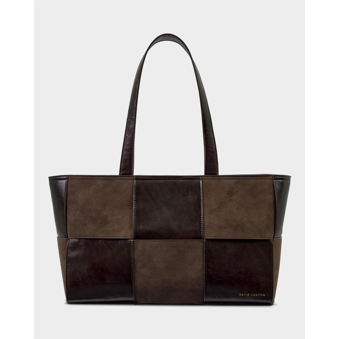 TAYA WOVEN TOTE BAG | Bitter Chocolate Patent Crackle / Bitter Chocolate Suedette | 9 7/16" x 14 9/1