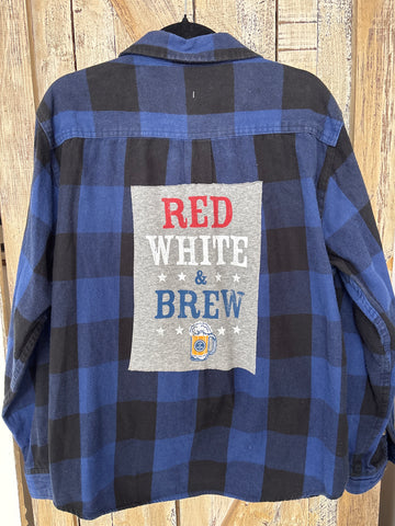 Repurposed Flannel Shirt with Red White + Brew Patch