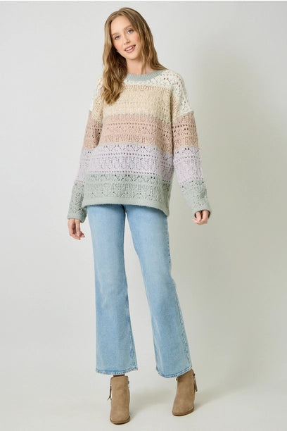 Color Blocked Pointelle Sweater - Ivory Oatmeal