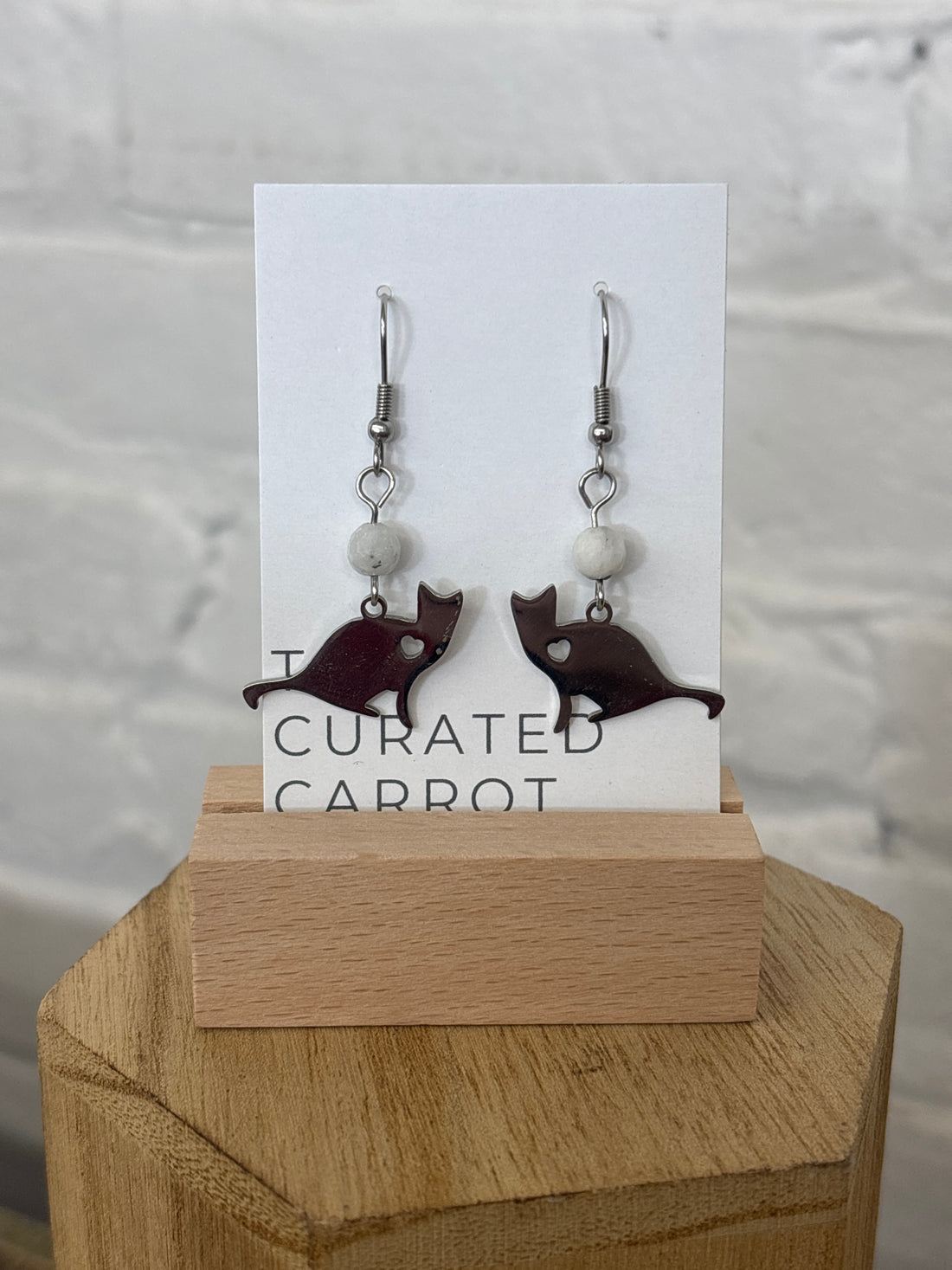 Silver Cat with Dalmatian Bead Drop Earrings