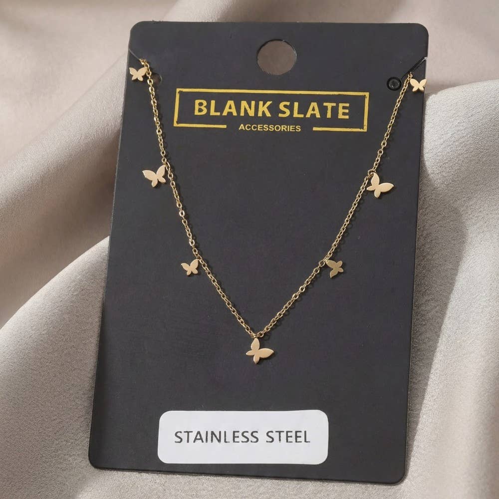 Stainless Steel Butterfly Charms Station Necklace: Gold