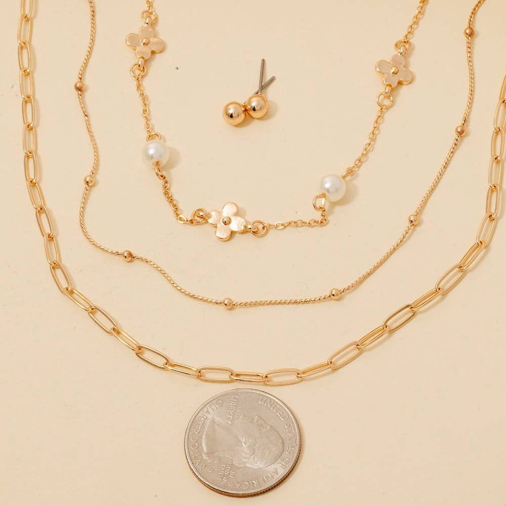 Clover And Pearl Station Charms Layered Chain Necklace Set