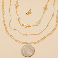 Clover And Pearl Station Charms Layered Chain Necklace Set
