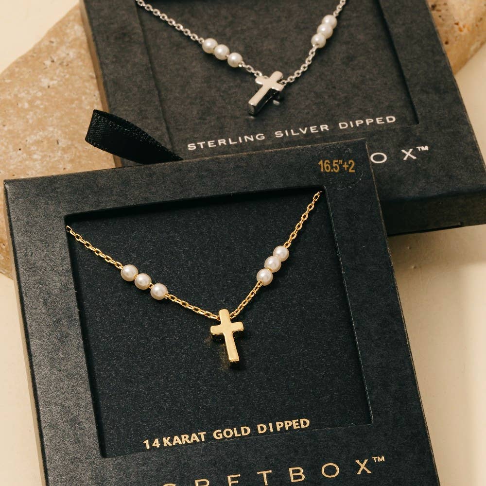Secret Box Gold Dipped Pearls And Cross Toggle Chain - Gold
