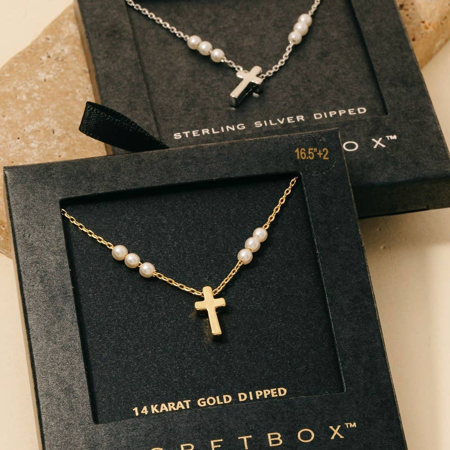 Secret Box Gold Dipped Pearls And Cross Toggle Chain - Gold