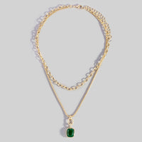 Double Layered Chain Crystal Square Pendant Necklace