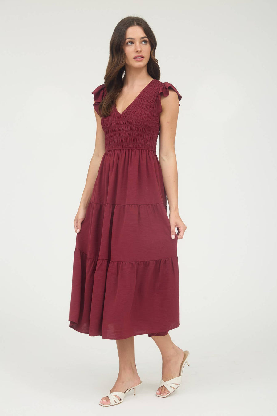 Flutter Sleeve Dress - Burgundy