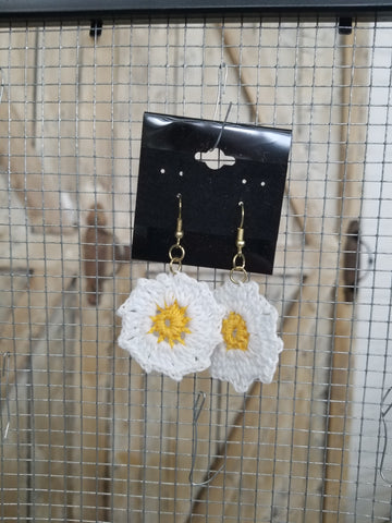 White & Yellow Flower Crochet Earrings