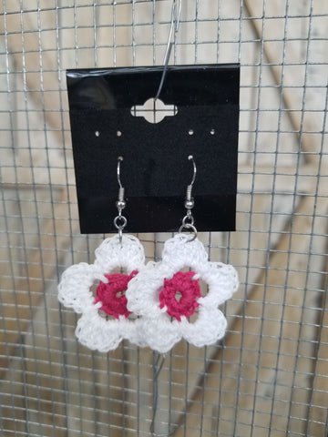 White & Pink Flower Crochet Earrings