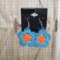 Blue & Orange Flower Crochet Earrings