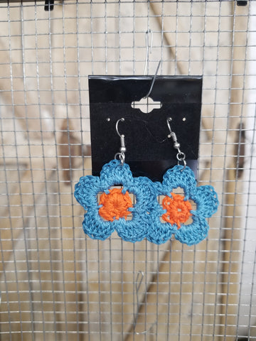 Blue & Orange Flower Crochet Earrings