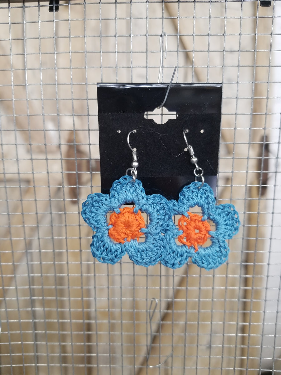 Blue & Orange Flower Crochet Earrings
