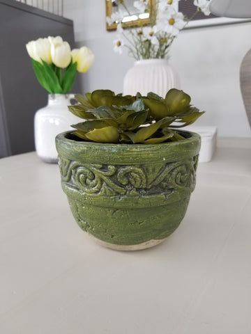 Green Pot + Faux Succulent