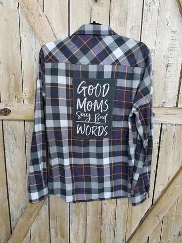Repurposed Flannel with Good Moms Patch