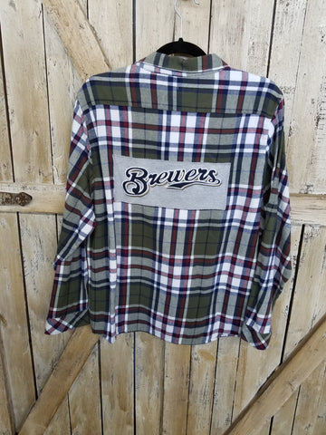 Repurposed Flannel with Gray Brewers Patch