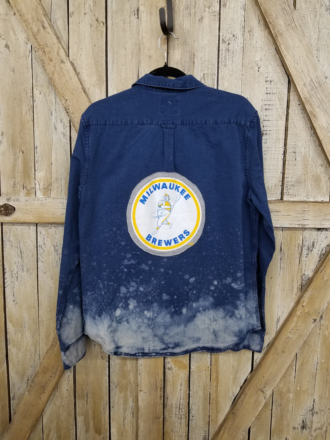 Repurposed Denim Shirt with Milwaukee Brewers Patch