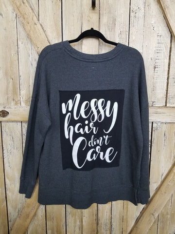 Repurposed Sweatshirt with Messy Hair Don't Care Patch