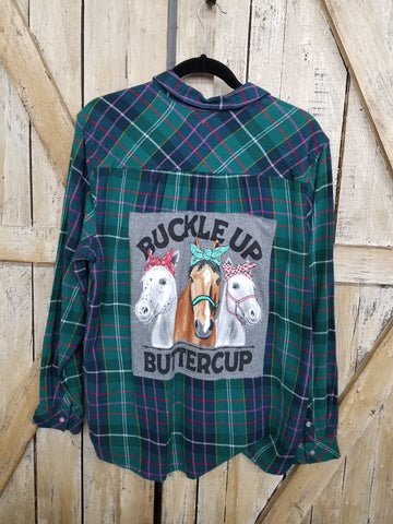 Repurposed Flannel with Buckle Up Buttercup