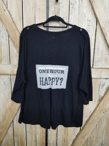 Repurposed Black Shirt with Happy Hour Patch