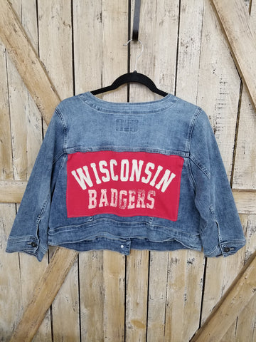 Repurposed Cropped Denim Jacket with WI Badgers Patch