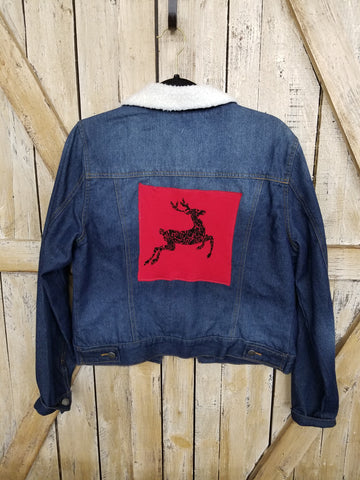 Repurposed Denim Jacket with Holiday Deer Patch